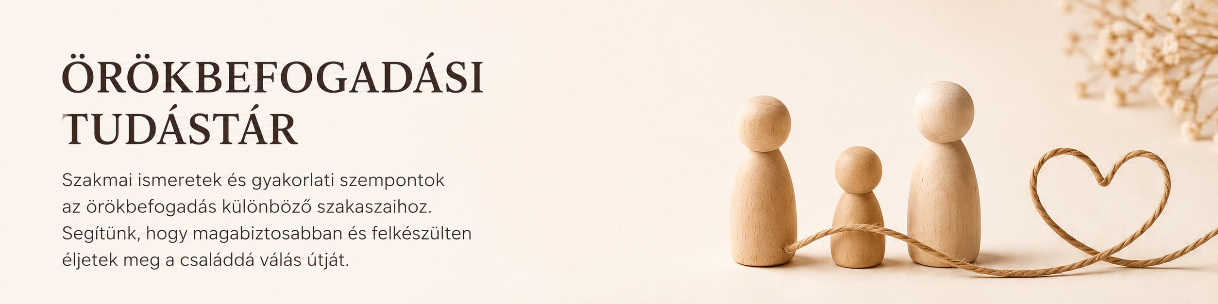 Fabábukból álló család és szív alakú fonal az örökbefogadási tudástár nyitóképeként.