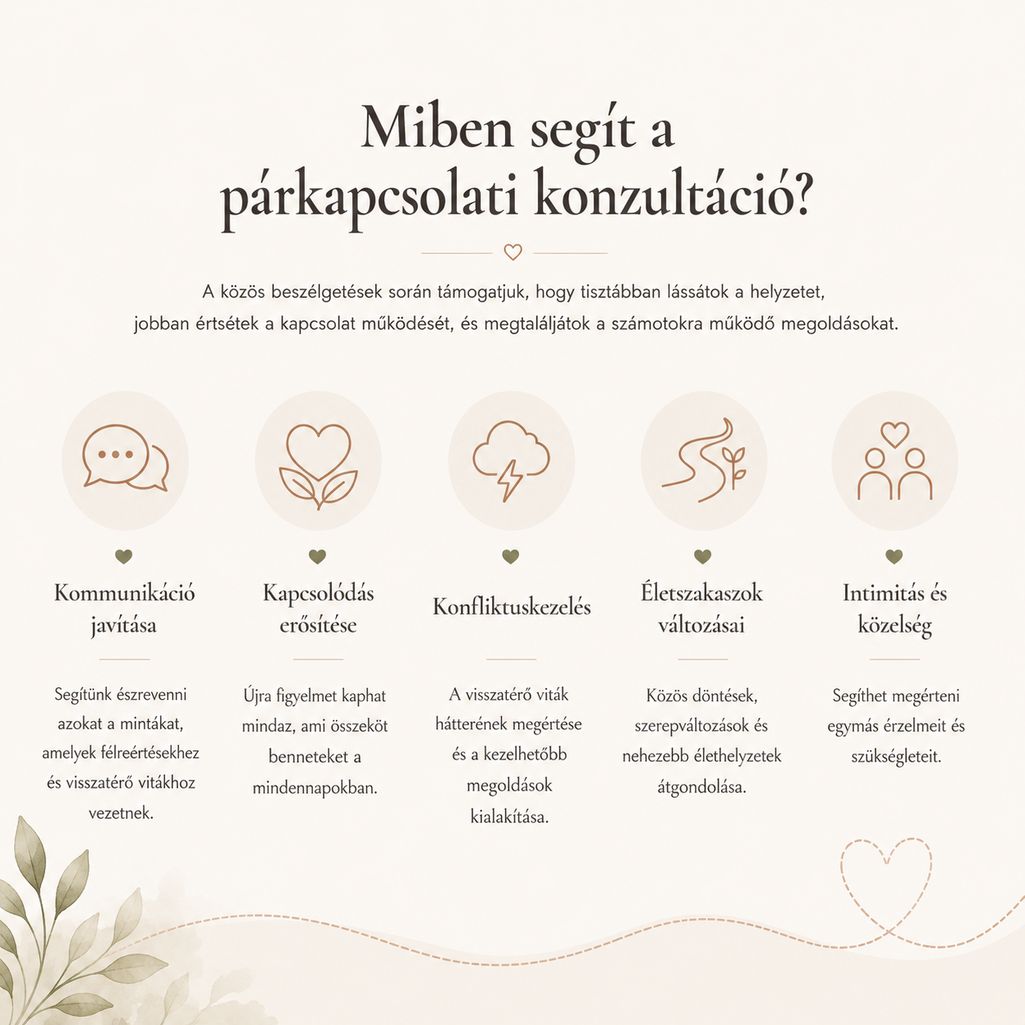Infografika arról, hogy miben segít a párkapcsolati konzultáció: kommunikáció javítása, kapcsolódás erősítése, konfliktuskezelés, élethelyzetek változásai, intimitás és közelség.